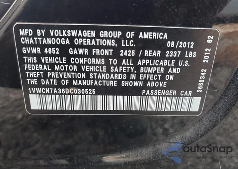 2013 Volkswagen Passat 2.0L Tdi Sel Premium z USA, uszkodzony, nr VIN 1VWCN7A36DC030525